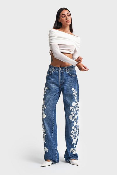 its basic Λευκό Floral Κεντημένο Γυναικείο Τζιν - Σχέδιο Loose Fit, Χρώμα Τζιν