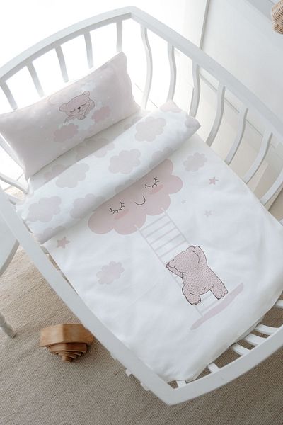 Tuğba Kuğu Park Bed Duvet Cover Set (80X120) - Pure Baby Series - Teddy Bear Climbing the Cloud