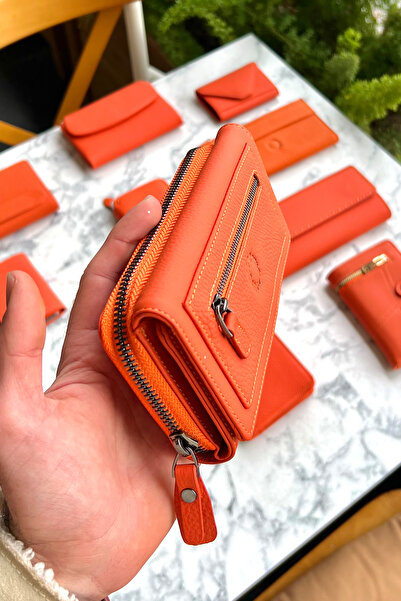 CüzCan Boliva Orange Genuine Leather Women's Wallet with Zipper and Magnet