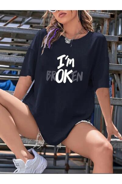 caddekombin Tricou din bumbac cu gât rotund, cu imprimeu I'M Broken, albastru...