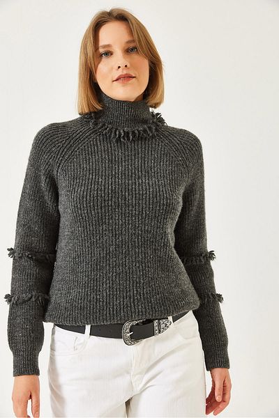 Bianco Lucci Women's Neck and Sleeve Fringed Knitwear Sweater 20246912
