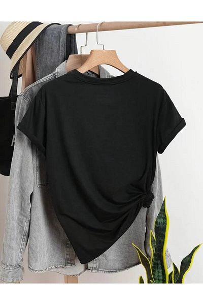 caddekombin Cherry Printed Printed Cotton Round Neck Black T-Shirt