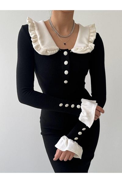 Julidress Rochie din tricotaje din bumbac premium cu guler pentru bebeluși cu volan și detaliu alb cu nasturi