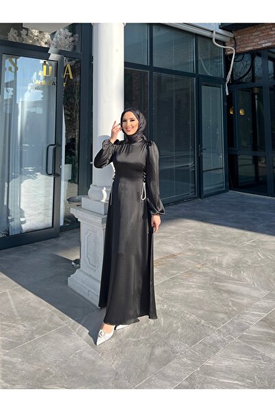dezer Yan taşlı zincir detay saten elbise/abiye