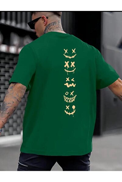 caddekombin Πράσινο μπλουζάκι με στάμπα Emoji στην πλάτη, Unisex, βαμβακερό μ...