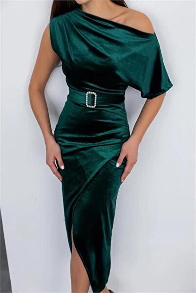 Dipmoda ženska Sa detaljem na ramenu Midi visina Somot haljina DPMY3606