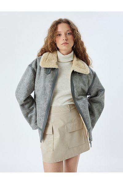 Koton Faux Leather Oversize Jacket - Plush Neckline, Zippered Pocket Detail