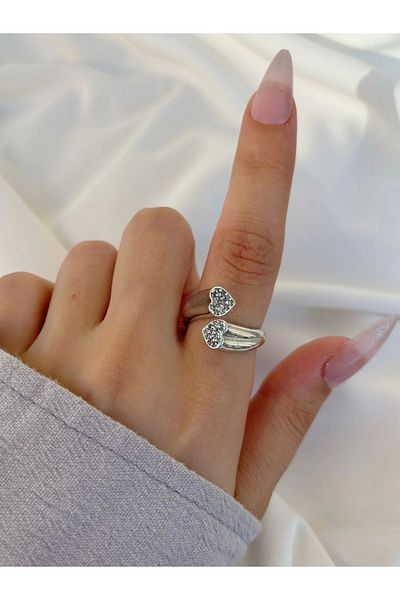 Eylülün Takısı Silver Colored Spiral Stone Heart Women's Ring