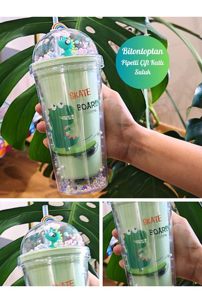 BiTon Toptan Dino Themed Cute 450 ml Mica Flask - Double Layer, Water Bottle with Straw, Green 2769