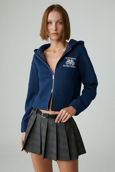 GRIMELANGE Robina Women's Raised Hooded Embroidery Detailed Navy Blue Sweatshirt