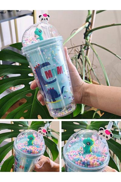 BiTon Toptan Dino Themed Cute 450 ml Mica Blue Water Bottle with Straw - Double Layer 2769