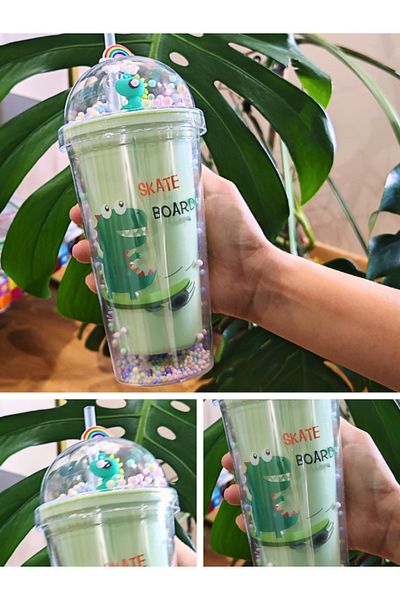 BiTon Toptan Dino Themed Cute 450 ml Mica Flask - Double Layer, Water Bottle with Straw, Green 2769