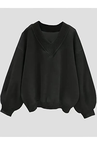 FUWEAR Siyah Oversize V Yaka Düz Sweatshirt