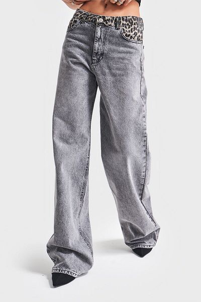 its basic Καπνιστό γυναικείο τζιν - 4S513 Loose Fit, Ζώνη με στάμπα λεοπάρ