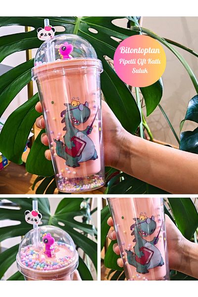 BiTon Toptan 450 ml Dino Themed Cute Mica Flask - Double Layer, with Straw, Pink