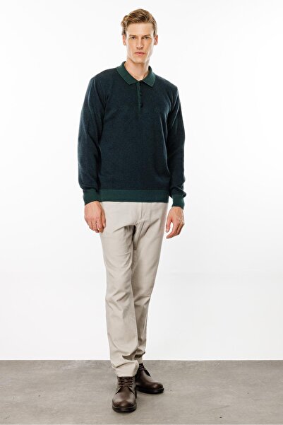 Desen Triko Men's Polo Neck Chest Diamond Patterned Wool Sweater Green