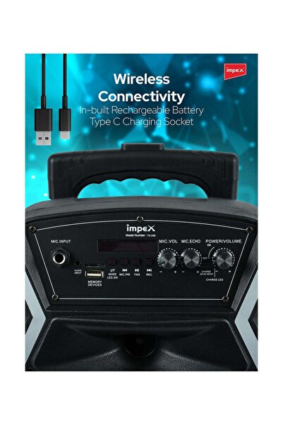 İMPEX TS25B 800 واط (PMPO) مكبر صوت محمول USB/Sd/Tf/Fm Radio/Aux/Remote/Bluetooth/Wireless Mic