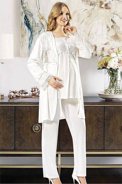 Xses 2195 Women's Pregnant Maternity Pajama Set with Robe-ecru