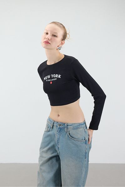 Addax New York Is For Lovers Γραπτή Crop Μπλούζα B1679-dk7
