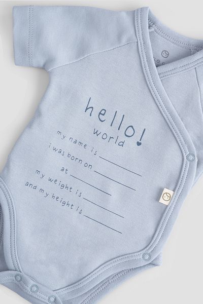 Little Gusto Organic Cotton Hello World Short Sleeve Blue Double Breasted Bodysuit