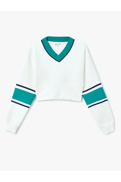 Koton Raster Color-Blocking V-Neck Long Sleeve Crop Sweatshirt