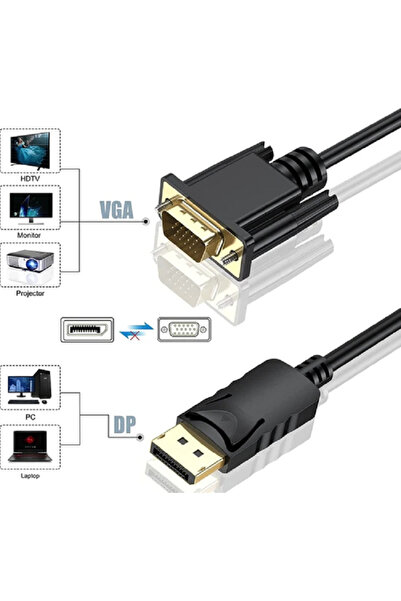 Derwell 1.8 Metre Displayport Vga Adaptörü Kablo Erkek Dönüştürücü Hd 1080p 1.8mt Displayport Dp Vga Kablosu
