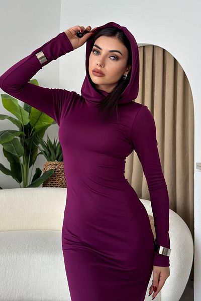 WOMAN VISION Rochie de seară midi, cu mânecă lungă, cu guler cu glugă, din țesătură nisipoasă, 293