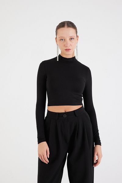 Addax Stand Collar Long Sleeve Crop Blouse B1276-U4