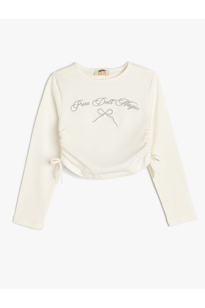 Koton Crew Neck Long Sleeve Cotton Crop T-Shirt with Embroidery Detail