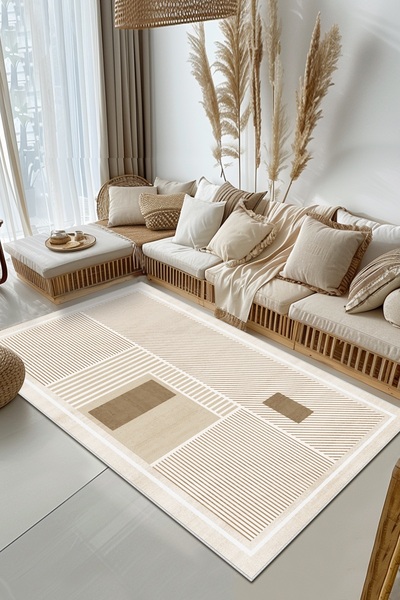 Confidence Home Makinede Yıkanabilir Kaymaz Taban Leke Tutmaz Geometrik Bej M...