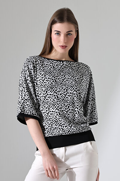 Şiir Melipilla Γυναικεία νυχτερίδα με απαλή υφή με μανίκια τριών τετάρτων Leopard Jacquard πλεκτή μπλούζα & χτενισμένη βαμβακερή μπλούζα - EcruBlack
