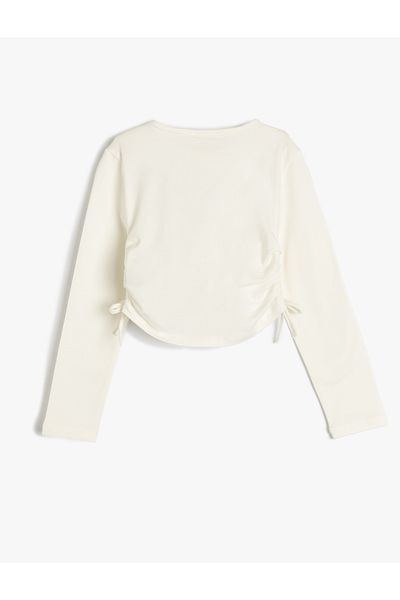 Koton Crew Neck Long Sleeve Cotton Crop T-Shirt with Embroidery Detail