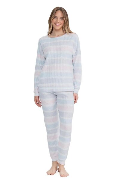 U.S. Polo Assn. U.s Polo Assn. 17095 Kadın Delikli Polar Waffle Baskılı Uzun Kollu  Paçası Lastikli Rahat Ev Giyim-B