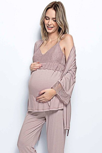MONAMİSE Monamise 18431 Hamile Lohusa Sabahlıklı Pijama Takım - Vizon