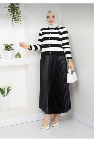Şule Giyim Women's Elastic Waist Pleated Skirt Knitwear Buttoned Front Cardigan Combination