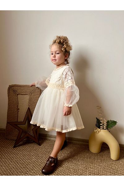 penu baby kids Ecru Floral Scalloped Lace Tulle Skirt Semi Fabric Semi Tulle Long Sleeve Girl Child Baby Girl Dress