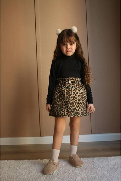 CANDA Set de jos și de sus cu fustă leopard cu gât rotic pentru fete
