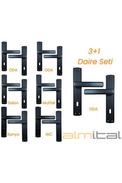 almital mobilya aksesuarları furniture accessories Lusso Siyah 5 Adet Oda 2 Adet Wc Aynalı Kapı Kolu Set