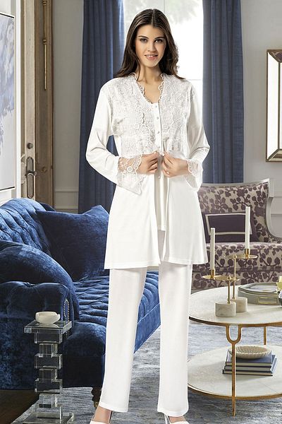 Xses 4300 Women's Pregnant Maternity Pajama Set with Robe-ecru