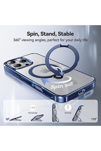 AWH Titanium 360° Rotatable Magnetic Stand Case for iPhone 16 Pro, 16FT Drop Protection (Blue)