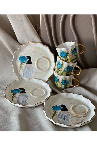 Store كوب قهوة تركي بتصميم خاص مرسومة يدويًا على شكل وردة زرقاء للنساء (قطعة واحدة)