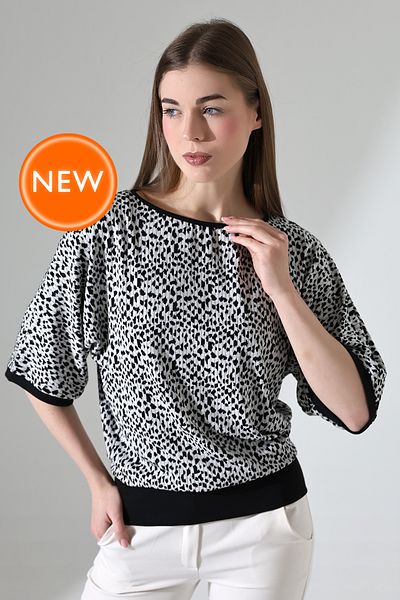 Şiir Melipilla Femei Liliac cu textura moale Maneci trei sferturi Bluza tricotata din jacquard leopard si bluza din bumbac pieptanat - EcruBlack