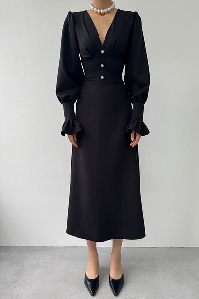vuvutasarım Sleeves Flounces Long Sleeve V Neck Button Detail Midi Length Black Evening Dress 363