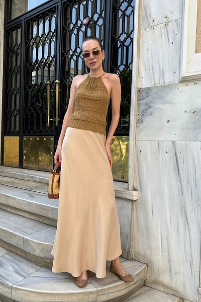 MAGARDE Fusta din satin BEJ - Talie elastica