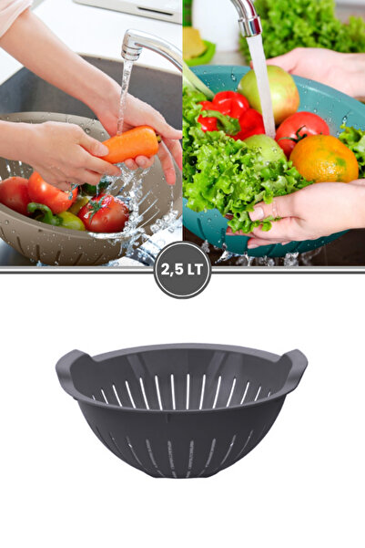 Flosoft Makarna Süzgeci 25 cm, Kulplu Sebze Meyve Yıkama Süzgeci 2,5 litre Füme