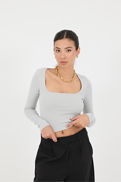 Addax Square Neck Long Sleeve Basic Crop Blouse B3713-J1