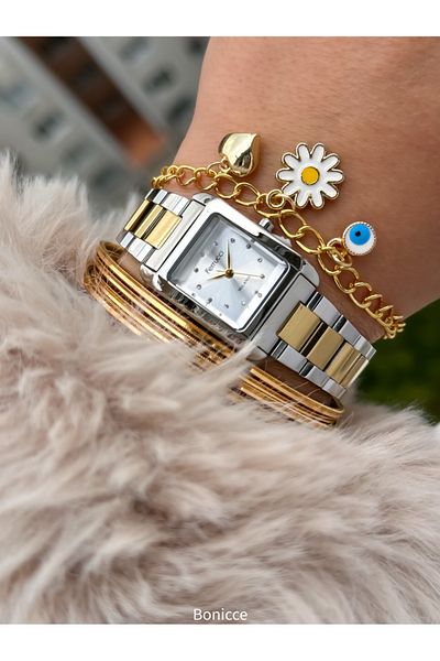 Ferrucci Women's Wrist Watch and Bracelet with 20*20mm Silver Yellow Color Steel Band and Stone Square Dial Gift