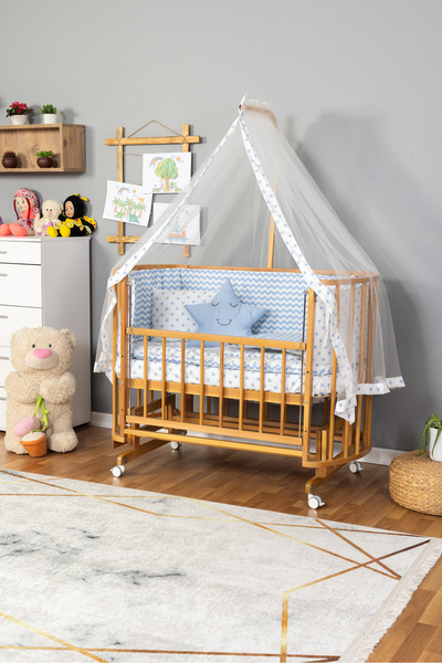 Bamgidoo Ahşap Beşik Anne Yanı Beşik Doğal (VERNİKLİ) 60x120 Mavi Yıldız Uyku...