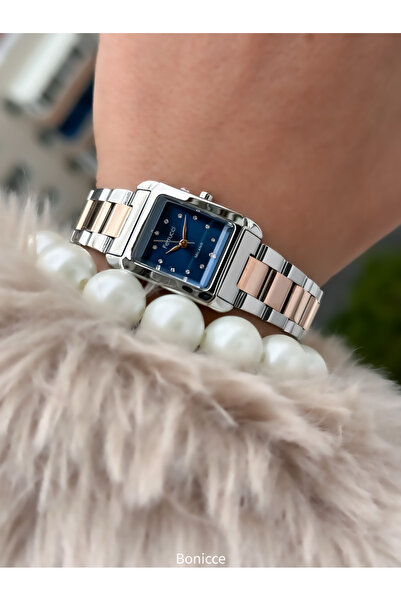 Ferrucci 20*20 MMKasa,Gümüş Rose Renk Çelik Kordon,Taşlı Lacivert Kare Kadran Kadın Kol Saati+Bileklik