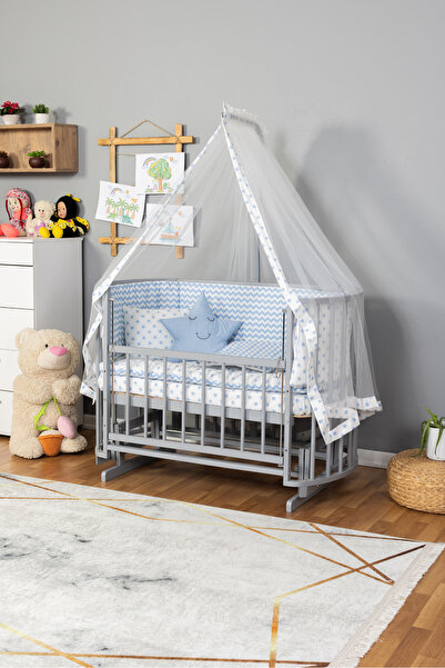 Bamgidoo Gri Renk 3 Kademeli Anne Yanı Ahşap 60x120 Papatya Doğal Bebek Beşik